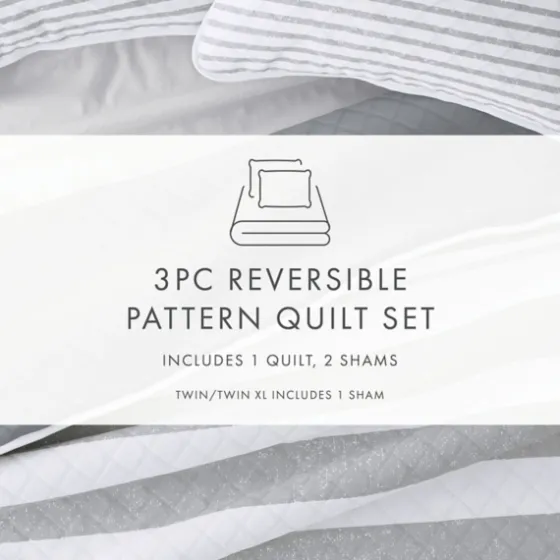 Gray Striped Reversible 3-Pc. Queen Quilt Set-Kirkland's Home Online