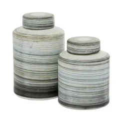 Gray Striped Stoneware Jars With Lids, Set Of 2-Kirkland's Home Sale