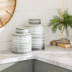 Gray Striped Stoneware Jars With Lids, Set Of 2-Kirkland's Home Sale