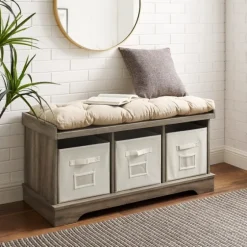 Gray Wash Entryway Bench And Storage Bins-Kirkland's Home Online