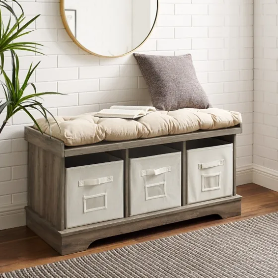 Gray Wash Entryway Bench And Storage Bins-Kirkland's Home Online