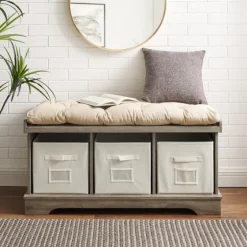 Gray Wash Entryway Bench And Storage Bins-Kirkland's Home Online