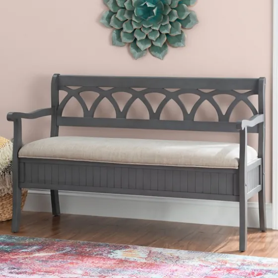 Gray Wood Upholstered Storage Bench-Kirkland's Home Hot