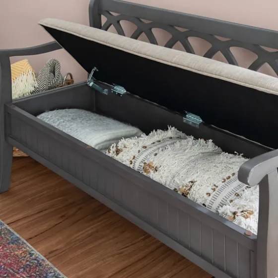 Gray Wood Upholstered Storage Bench-Kirkland's Home Hot