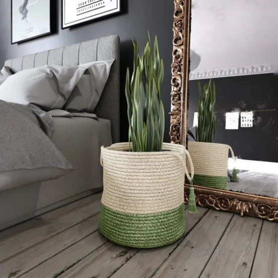 Green And Cream Woven Basket With Tassel, 17 In.-Kirkland's Home Cheap