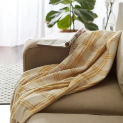 Honey Gold Plaid Fringe Throw-Kirkland's Home Shop