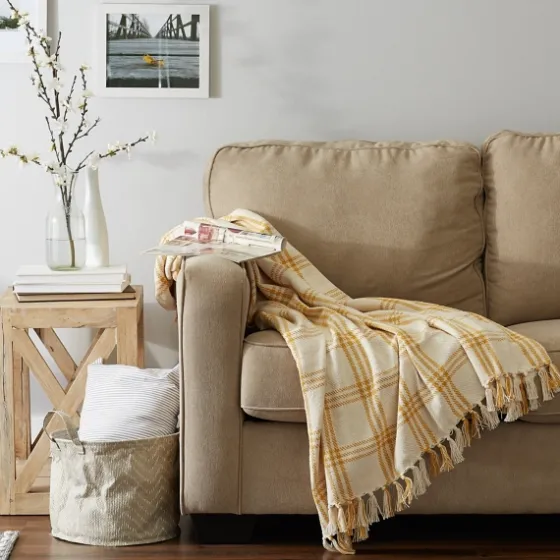 Honey Gold Plaid Fringe Throw-Kirkland's Home Shop