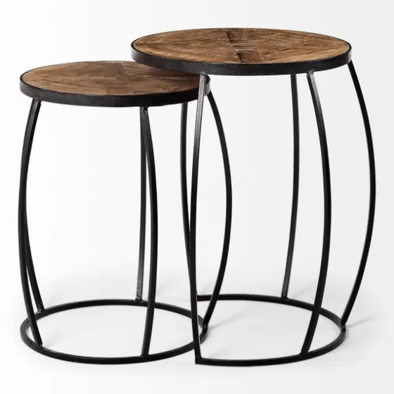 Honey Wood And Black Metal Accent Tables, Set Of 2-Kirkland's Home Flash Sale