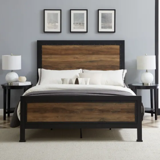 Industrial Rustic Oak Queen Bed With Metal Frame-Kirkland's Home Online