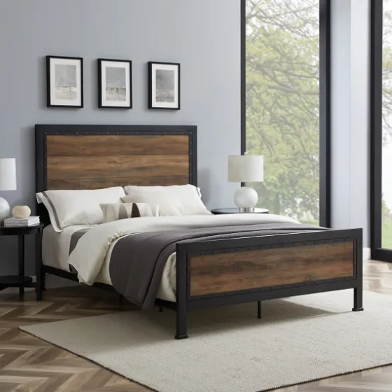 Industrial Rustic Oak Queen Bed With Metal Frame-Kirkland's Home Online