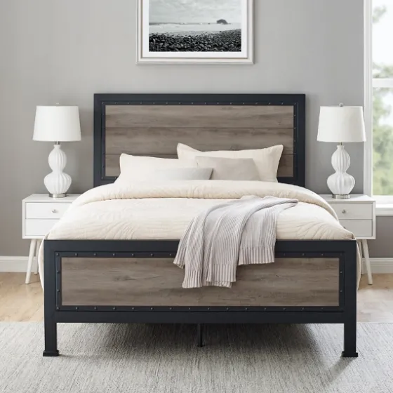 Industrial Wood Queen Bed With Metal Frame-Kirkland's Home Clearance