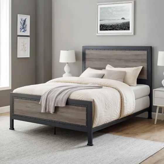 Industrial Wood Queen Bed With Metal Frame-Kirkland's Home Clearance