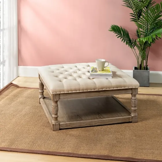 Ivory Linen Low Base Tufted Ottoman-Kirkland's Home Flash Sale