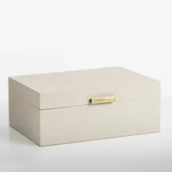 Large Beige Leather Brass Handle Box-Kirkland's Home Outlet