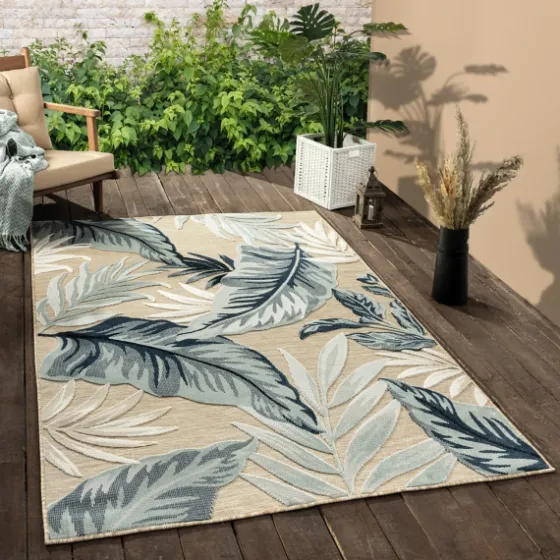 Large Print Tropical Leaf Outdoor Area Rug, 5X7-Kirkland's Home Shop