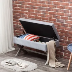 Light Button Tufted Storage Cross Leg Bench-Kirkland's Home Shop