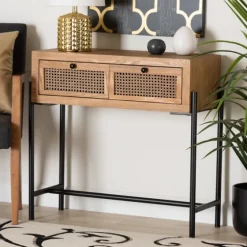 Light Wood And Rattan 2-Drawer Console Table-Kirkland's Home Shop