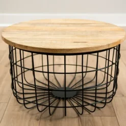 Mango Wood And Black Metal Basket Coffee Table-Kirkland's Home Store