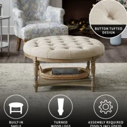 Martha Stewart Round Cream Ottoman With Shelf-Kirkland's Home Flash Sale