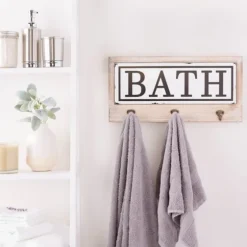 Metal And Wood Bath Sign With Hooks-Kirkland's Home Discount