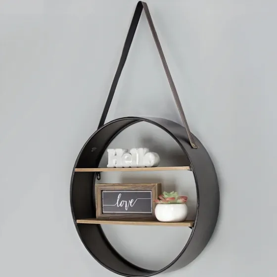 Metal Circle Wall Shelf With Leather Strap-Kirkland's Home Flash Sale