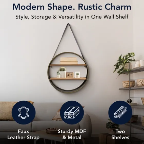Metal Circle Wall Shelf With Leather Strap-Kirkland's Home Flash Sale