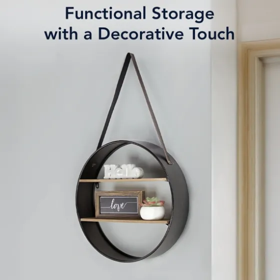 Metal Circle Wall Shelf With Leather Strap-Kirkland's Home Flash Sale