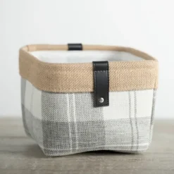 Mini Gray Plaid Bin With Leather Accent-Kirkland's Home Discount