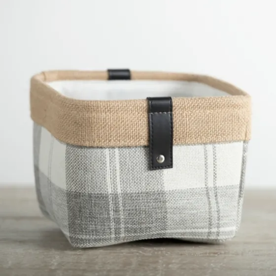 Mini Gray Plaid Bin With Leather Accent-Kirkland's Home Discount