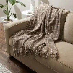 Mocha Plaid Fringed Throw-Kirkland's Home New