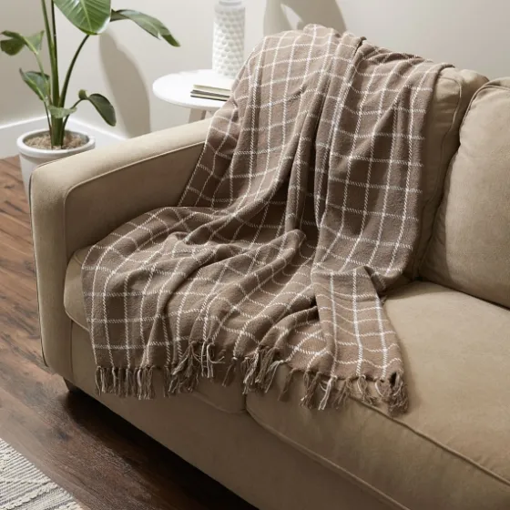 Mocha Plaid Fringed Throw-Kirkland's Home New