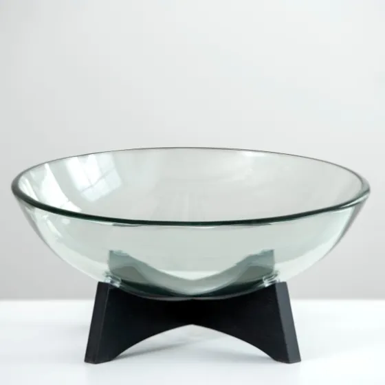 Modern Glass Bowl With Wood Stand-Kirkland's Home Clearance