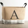 Monogrammed A Gray Plaid Leather Handle Jute Bin-Kirkland's Home Clearance