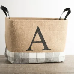 Monogrammed A Gray Plaid Leather Handle Jute Bin-Kirkland's Home Clearance