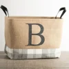 Monogrammed B Gray Plaid Leather Handle Jute Bin-Kirkland's Home Best