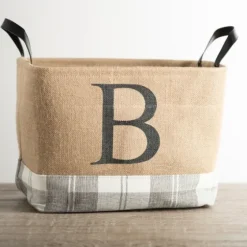 Monogrammed B Gray Plaid Leather Handle Jute Bin-Kirkland's Home Best