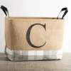 Monogrammed C Gray Plaid Leather Handle Jute Bin-Kirkland's Home Cheap