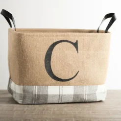 Monogrammed C Gray Plaid Leather Handle Jute Bin-Kirkland's Home Cheap