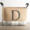 Monogrammed D Gray Plaid Leather Handle Jute Bin-Kirkland's Home Store