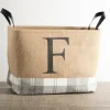 Monogrammed F Gray Plaid Leather Handle Jute Bin-Kirkland's Home Shop