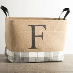 Monogrammed F Gray Plaid Leather Handle Jute Bin-Kirkland's Home Shop