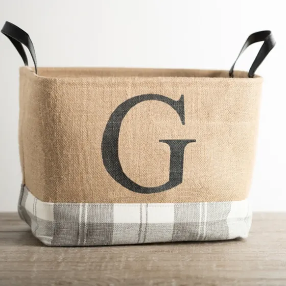 Monogrammed G Gray Plaid Leather Handle Jute Bin-Kirkland's Home Flash Sale