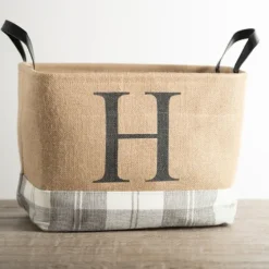 Monogrammed H Gray Plaid Leather Handle Jute Bin-Kirkland's Home Store
