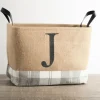 Monogrammed J Gray Plaid Leather Handle Jute Bin-Kirkland's Home Discount