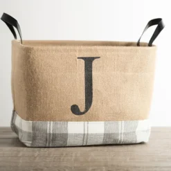 Monogrammed J Gray Plaid Leather Handle Jute Bin-Kirkland's Home Discount