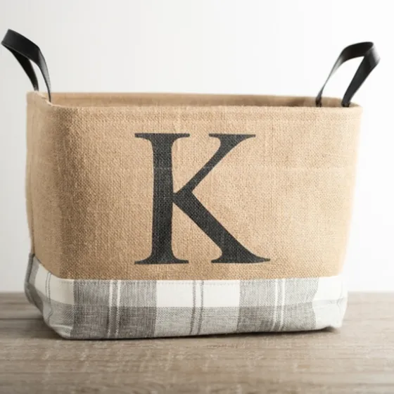 Monogrammed K Gray Plaid Leather Handle Jute Bin-Kirkland's Home Clearance