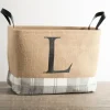 Monogrammed L Gray Plaid Leather Handle Jute Bin-Kirkland's Home Fashion