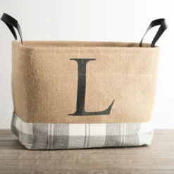 Monogrammed L Gray Plaid Leather Handle Jute Bin-Kirkland's Home Fashion