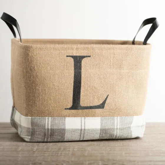 Monogrammed L Gray Plaid Leather Handle Jute Bin-Kirkland's Home Fashion