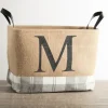 Monogrammed M Gray Plaid Leather Handle Jute Bin-Kirkland's Home Fashion